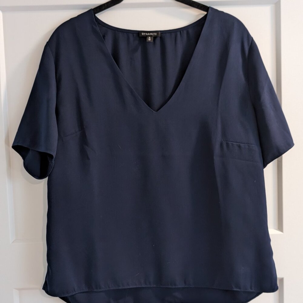 Navy Blue Dynamite V-Neck Short Sleeved Blouse